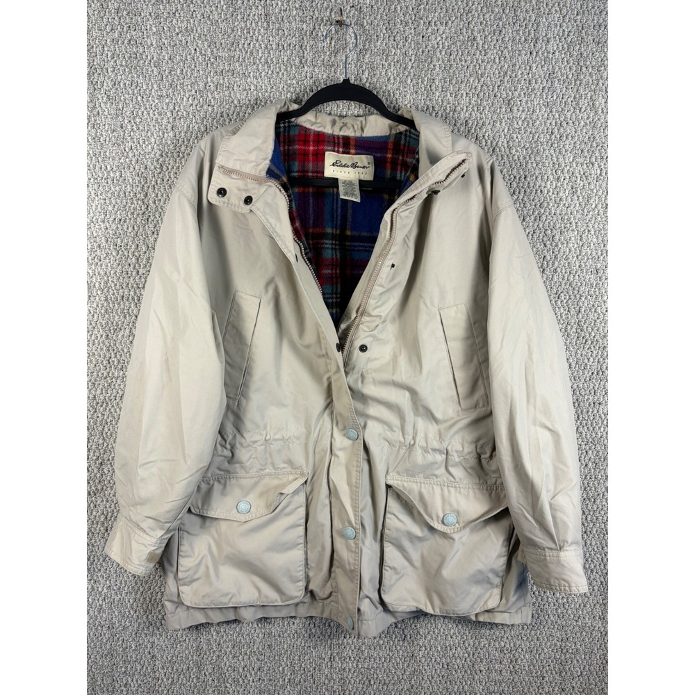 Eddie Bauer Vintage Tan Field Jacket Wool Plaid Lined Utility Parka Womens L